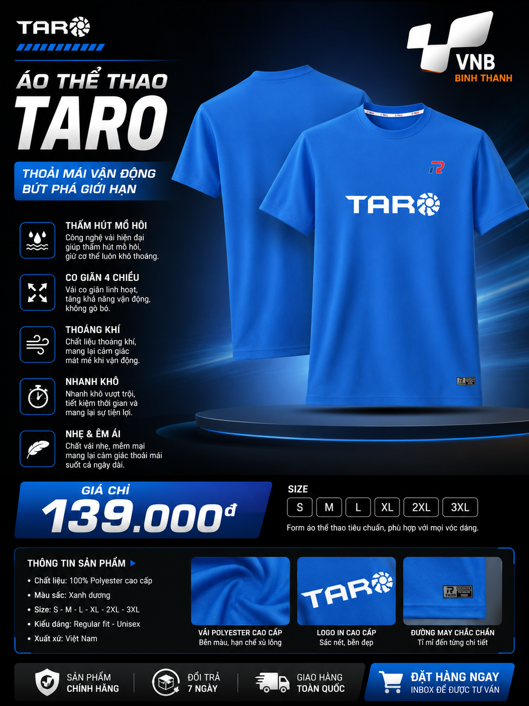 Áo cầu lông Taro TR01-26 nam - Xanh chính hãng