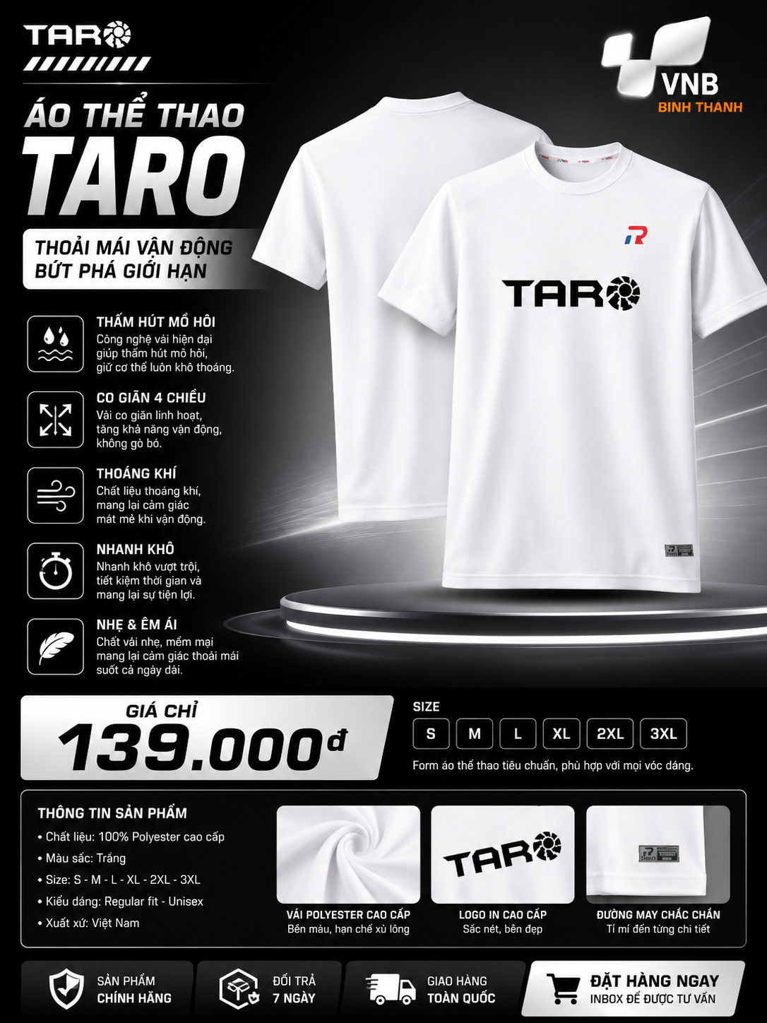 Áo cầu lông Taro TR01-26 nam - Trắng chính hãng