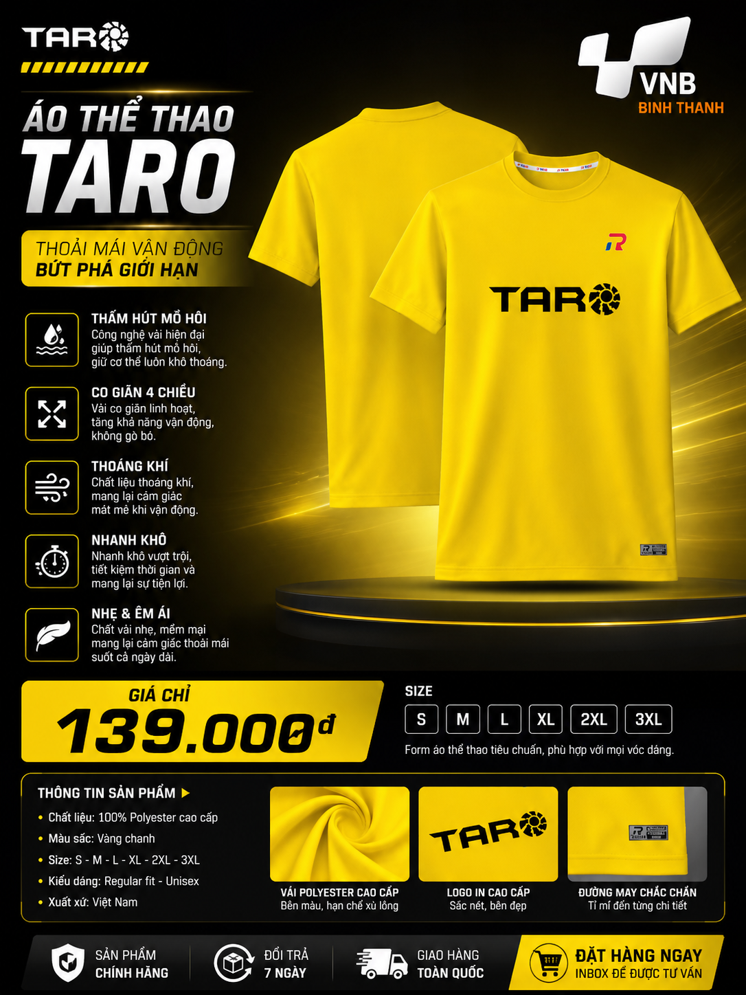 Áo cầu lông Taro TR01-26 nam - Vàng chính hãng