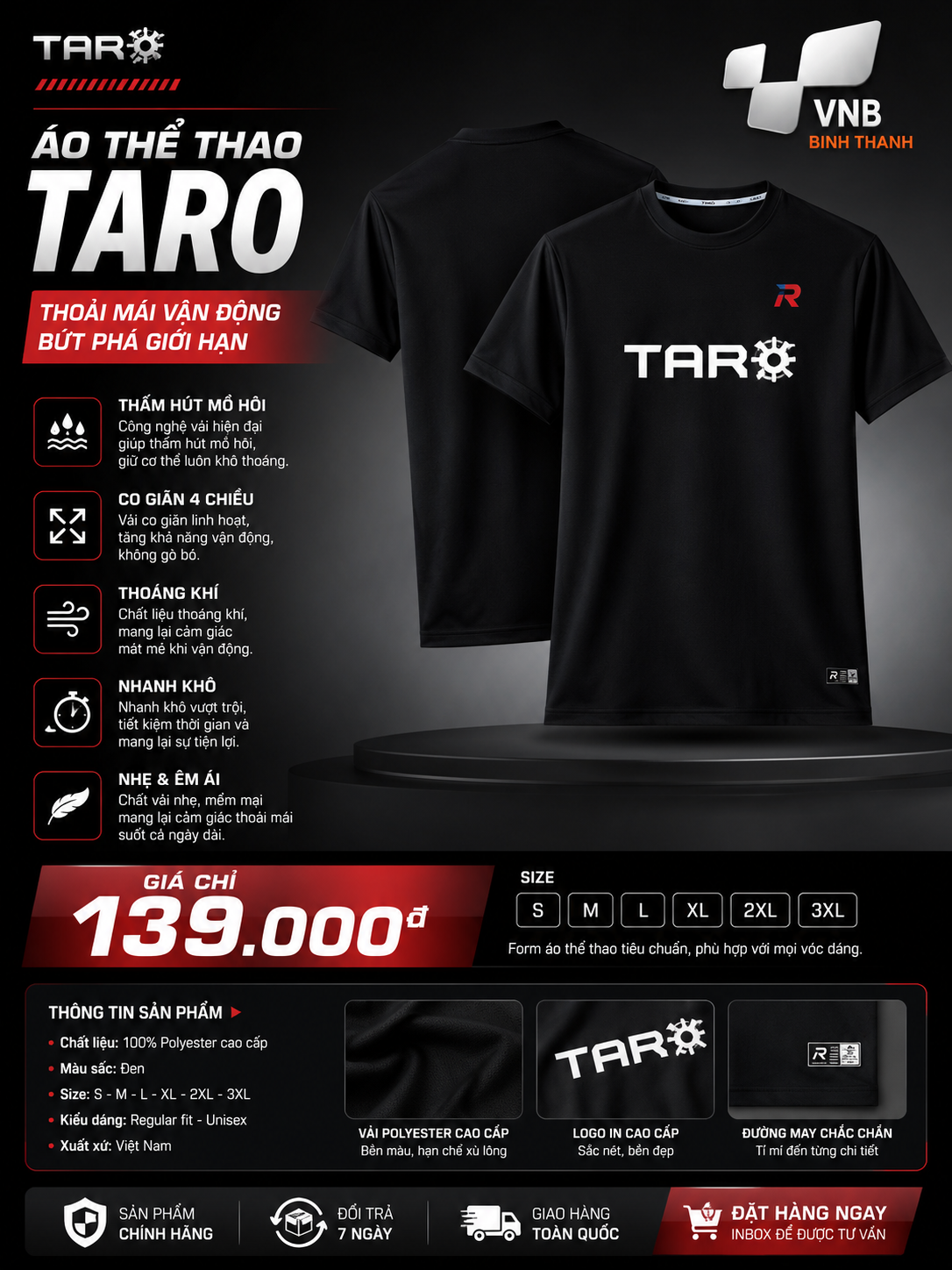 Áo cầu lông Taro TR01-26 nam - Đen chính hãng